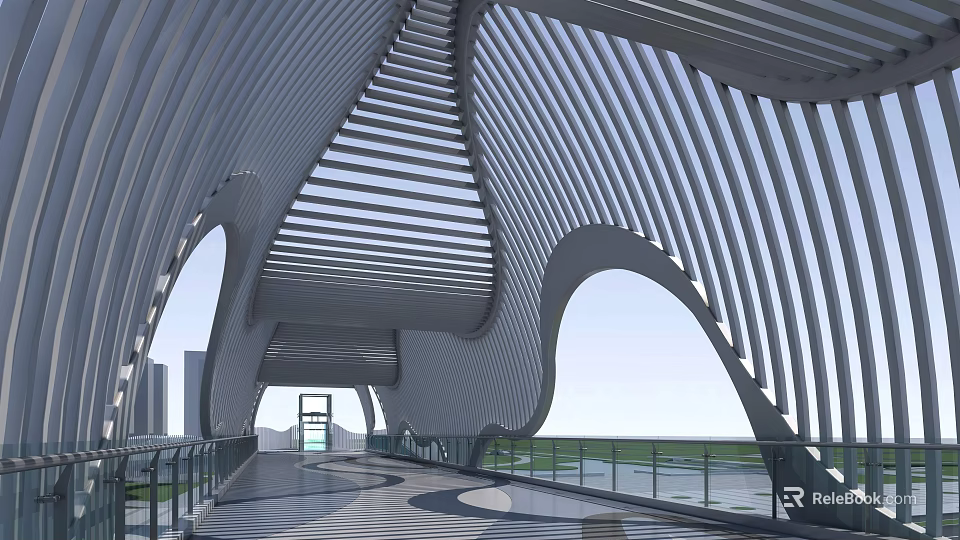 Modern Curved Bridge Structure With Metal Slats Glass Railings And Sleek Design 3d model 
