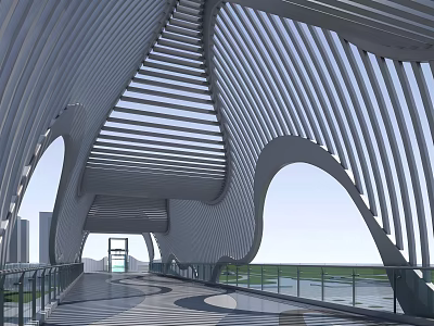 Modern Curved Bridge Structure With Metal Slats Glass Railings And Sleek Design 3d model