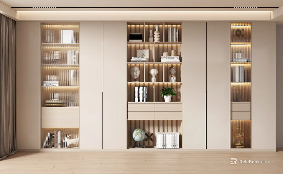 Modern Bookcase Design With Open Shelves Closed Cabinets Books Decorative Vase Globe And Built-in Lighting 3d model 