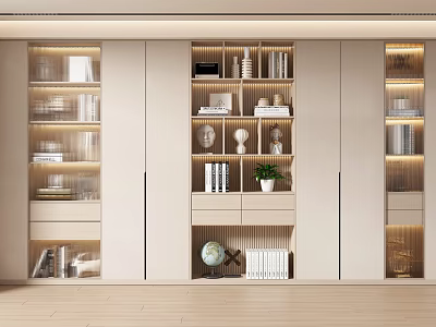 Modern Bookcase Design With Open Shelves Closed Cabinets Books Decorative Vase Globe And Built-in Lighting 3d model