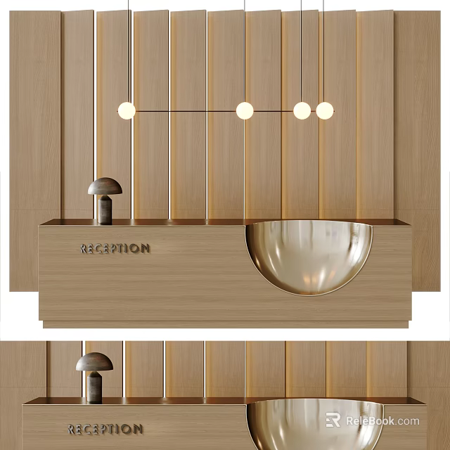 Modern Reception Desk with Wooden Surface Lighting Fixtures and Metallic Bowl Design 3d model 