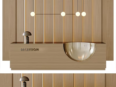 Modern Reception Desk with Wooden Surface Lighting Fixtures and Metallic Bowl Design 3d model
