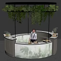 Modern Round Bar Counter With Hanging Green Plants Bartender And Sunset Sky