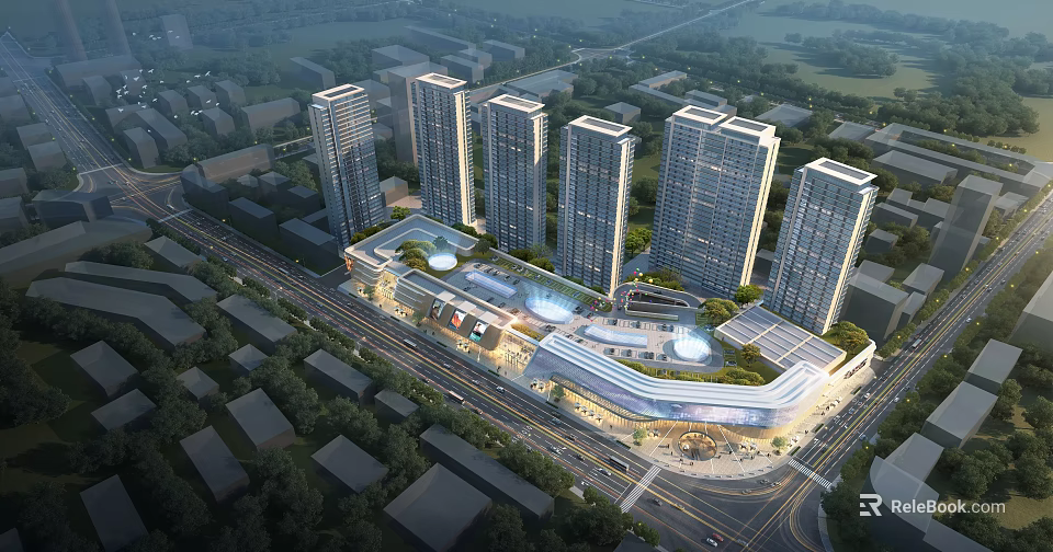 Modern Urban Aerial View Planning with High Rise Buildings Commercial Center and Green Spaces 3d model 