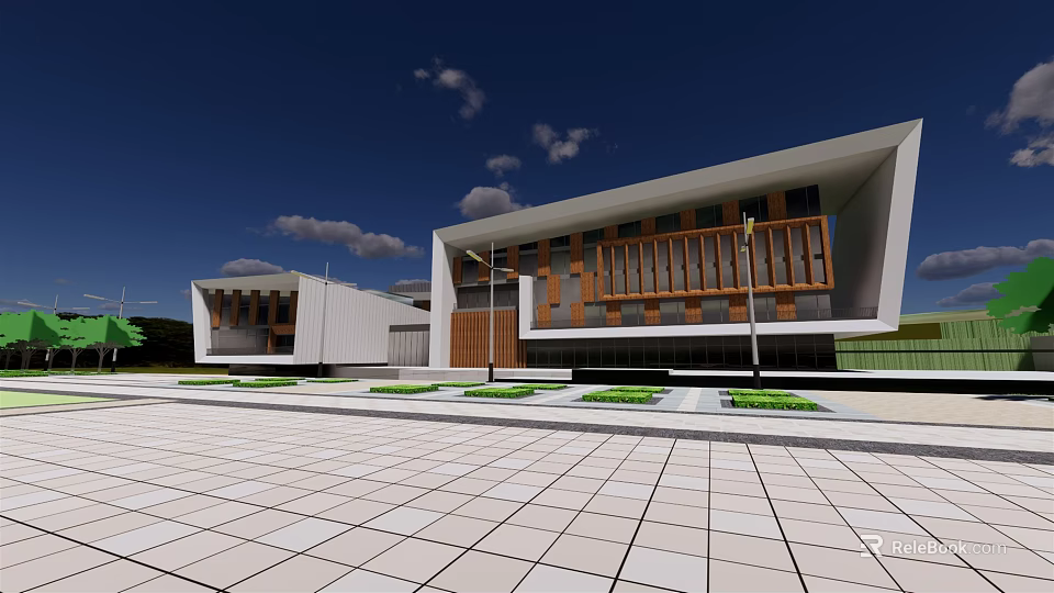 Modern White Buildings Featuring Wooden Railings In Open Square With Blue Sky And White Clouds 3d model 