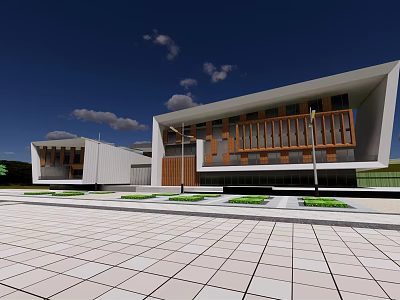 Modern White Buildings Featuring Wooden Railings In Open Square With Blue Sky And White Clouds 3d model