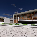Modern White Buildings Featuring Wooden Railings In Open Square With Blue Sky And White Clouds