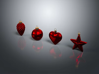 Red Festive Decorative Ornament Set with Pinecone Ball Heart Star Shapes and Golden Tops 3d model