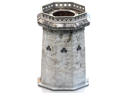 Historic Stone Octagonal Tower with Top Railings and Circular Decorative Design 3d model