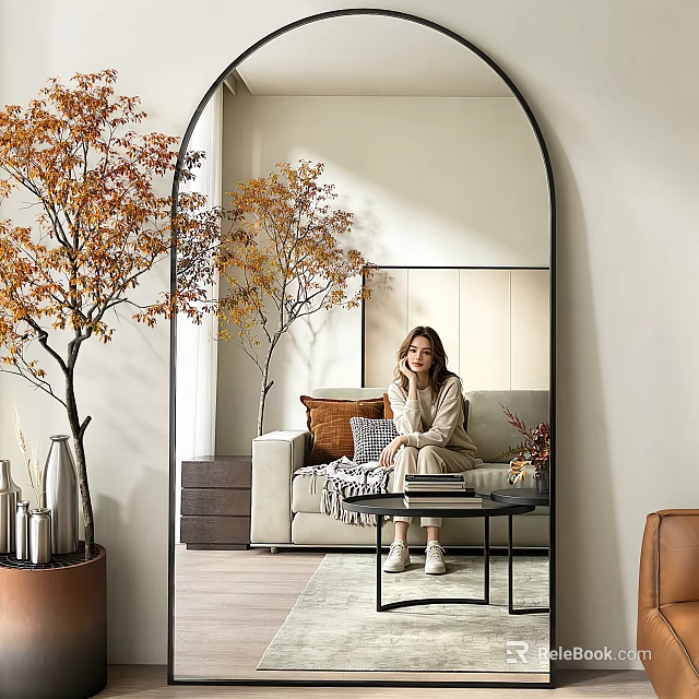 Large Arched Mirror Reflecting Cozy Living Room With Sofa Pillows And Decorative Tree 3d model 