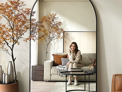 Large Arched Mirror Reflecting Cozy Living Room With Sofa Pillows And Decorative Tree 3d model