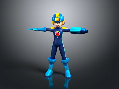 Blue And Yellow Cartoon Robot Character With Red Chest Emblem And Outstretched Arms 3d model