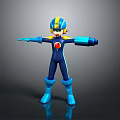 Blue And Yellow Cartoon Robot Character With Red Chest Emblem And Outstretched Arms