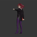 Child With Pink Hair In Black Top Red Cape Purple Pants Standing On Gray Background