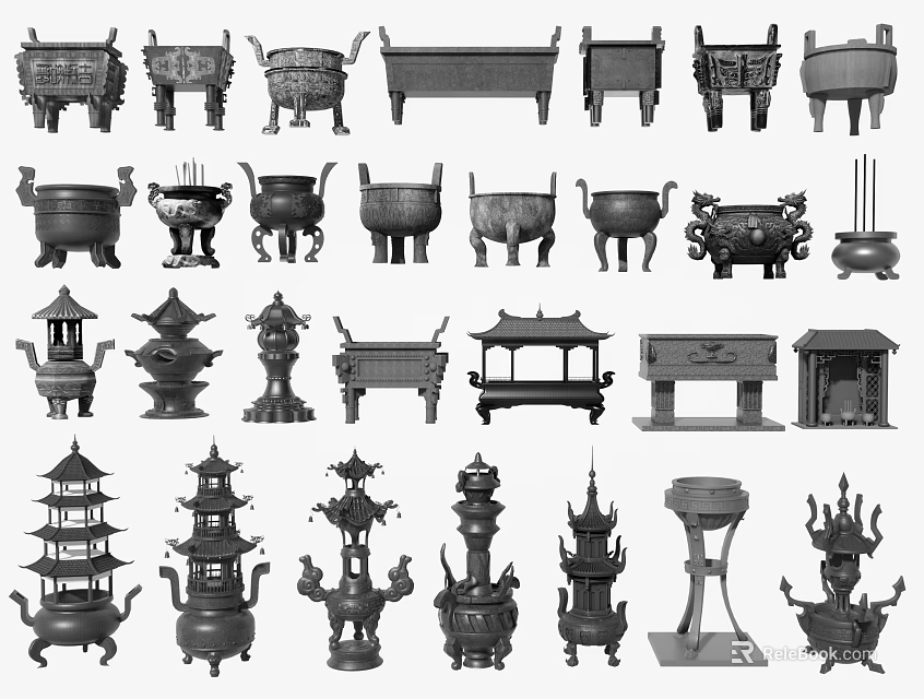 Traditional Garden Ornaments Collection Featuring Tower Shaped Incense Burners And Pavilion Designs 3d model 