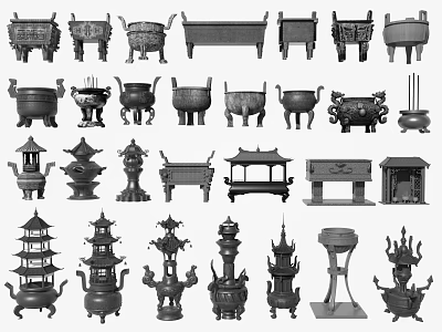 Traditional Garden Ornaments Collection Featuring Tower Shaped Incense Burners And Pavilion Designs 3d model