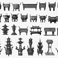 Traditional Garden Ornaments Collection Featuring Tower Shaped Incense Burners And Pavilion Designs