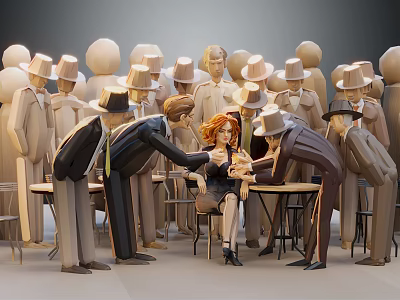 Game and Movie Character Red Haired Woman Surrounded by Hatted Men in Suits at Table 3d model