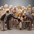 Game and Movie Character Red Haired Woman Surrounded by Hatted Men in Suits at Table