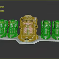 3D Rendered Tech Device Featuring White Main Structure Green Display And Surrounding Green Transparent Units