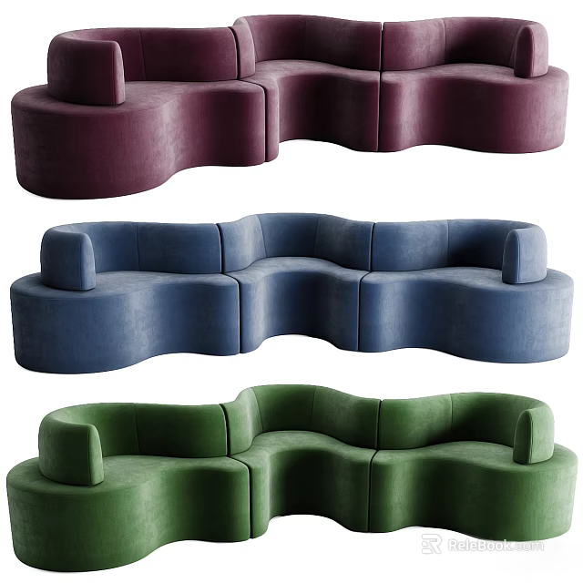 Modern Sectional Sofa With Curved Design And Purple Blue Green Velvet Upholstery 3d model 