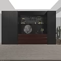Modern Wine Cabinet Design Featuring Black Frame Brown Drawers Wine Bottles Glassware And Decorative Artwork