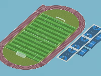 Sports Stadium Design Featuring Football Field Running Track and Blue Seating Areas 3d model