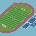 Sports Stadium Design Featuring Football Field Running Track and Blue Seating Areas