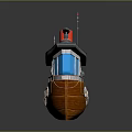 Cartoon Style Wooden Boat With Red Chimney Blue Windows And White Lifebuoys