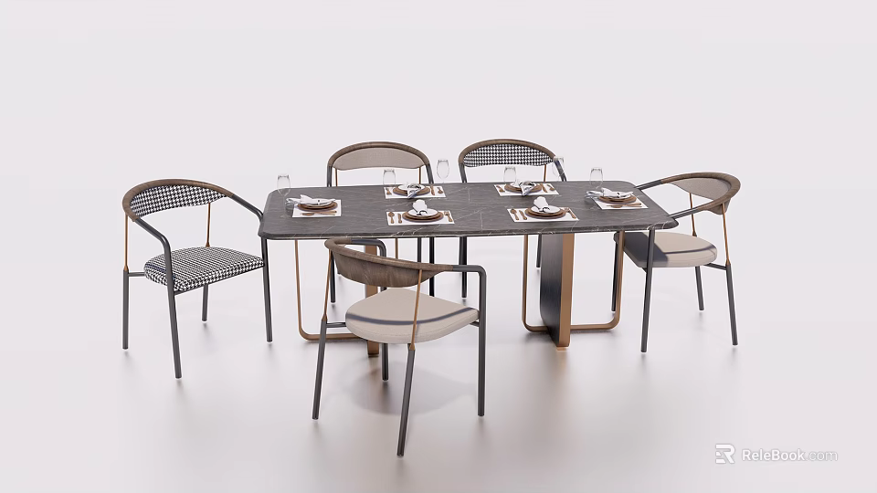 Modern Stylish Dining Table Set With Woven Chairs And Upholstered Seats 3d model 