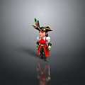 Man Dressed As Pirate With Feather Hat Red Coat And Black Pants Standing