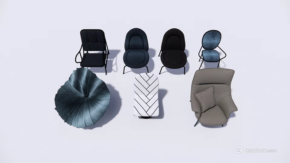 Modern Living Room Single Sofa in Black Blue Gray with Leaf Striped Decor 3d model 