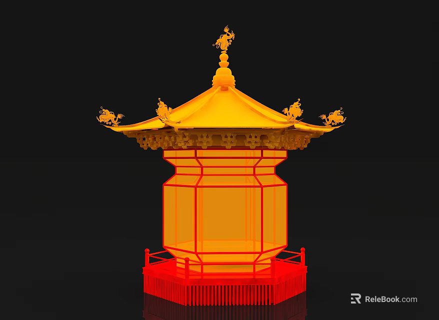 Traditional Chinese Lantern With Golden Roof Red Base And Ornate Decorations 3d model 