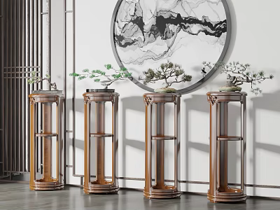 Indoor Bonsai Plants Displayed On Wooden Carved Stands With Round Black White Decorative Painting 3d model