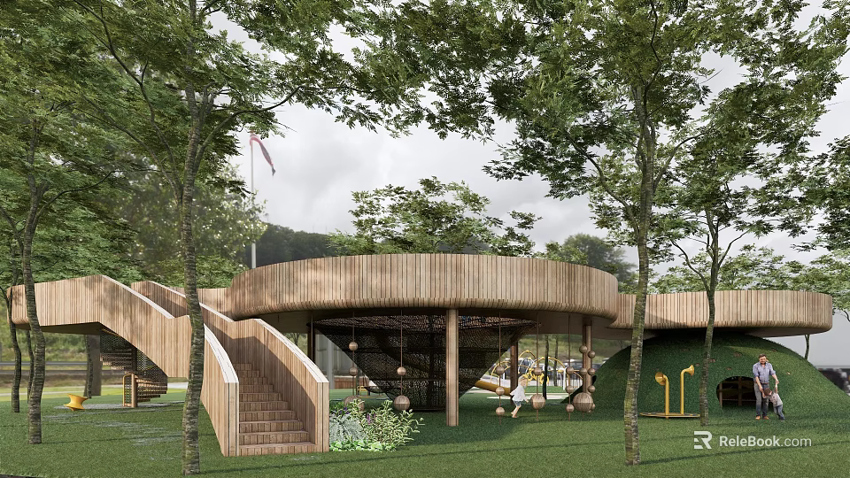 Outdoor Natural Children's Play Area Featuring Wooden Canopy Curved Stairs Green Lawn And Trees 3d model 