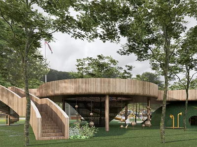 Outdoor Natural Children's Play Area Featuring Wooden Canopy Curved Stairs Green Lawn And Trees 3d model