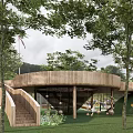 Outdoor Natural Children's Play Area Featuring Wooden Canopy Curved Stairs Green Lawn And Trees