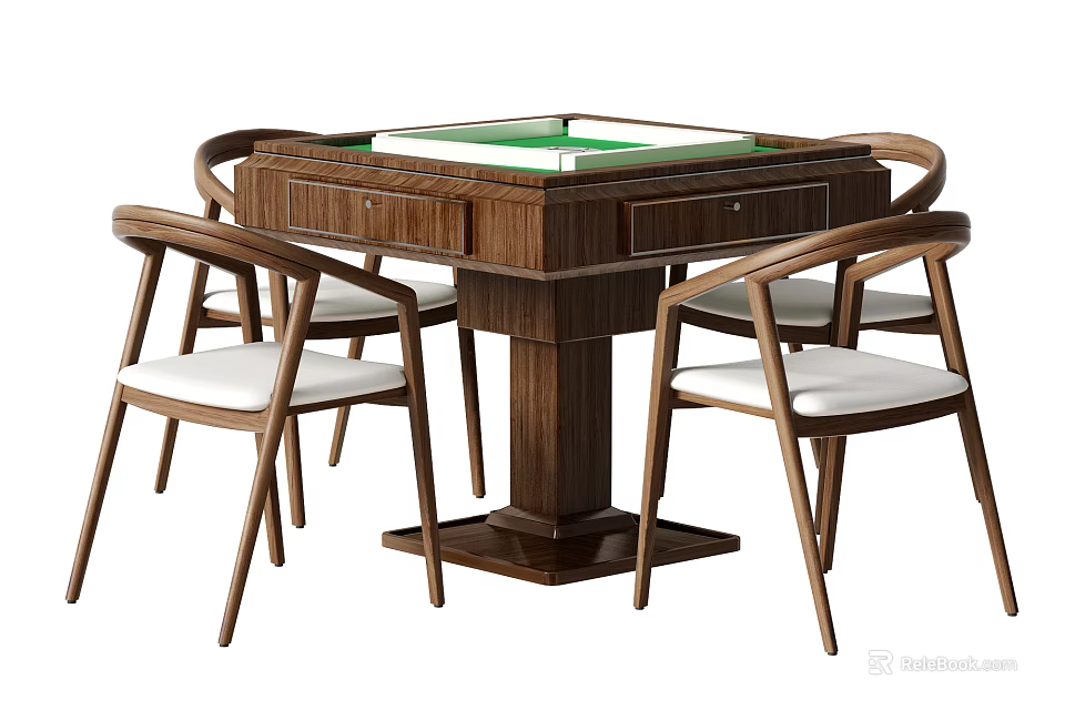 Entertainment Table With Wooden Frame Green Tabletop And Four Chairs With White Cushions 3d model 