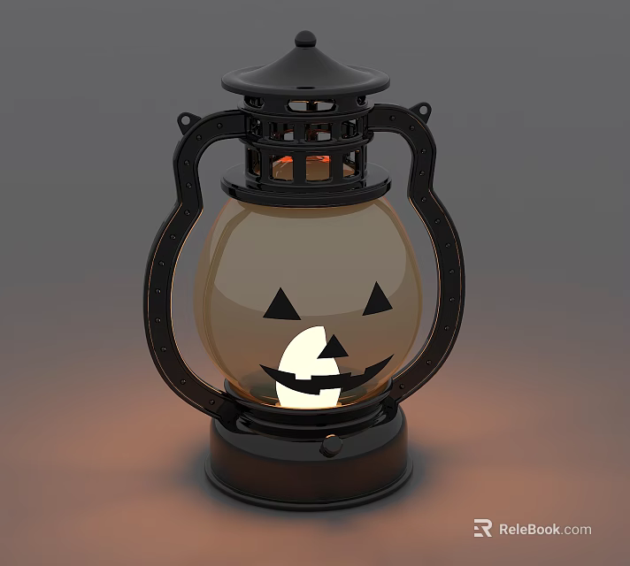 Pumpkin Shaped Decorative Lantern With Black Metal Frame Glass Shade And Pumpkin Face Design Illuminated 3d model 