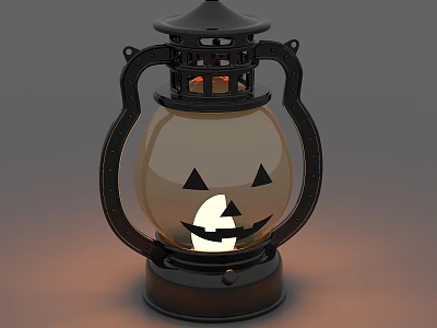 Pumpkin Shaped Decorative Lantern With Black Metal Frame Glass Shade And Pumpkin Face Design Illuminated 3d model