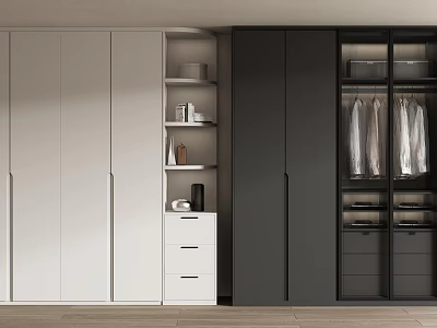 Modern White and Black Wardrobe with Open Storage Hanging Clothes Drawer Cabinet and Shelves 3d model