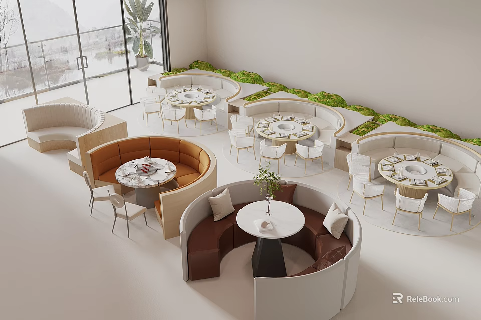 Various Colored Public Chairs Around Round Tables With Green Plants Large Windows Modern Open Space 3d model 