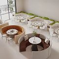 Various Colored Public Chairs Around Round Tables With Green Plants Large Windows Modern Open Space