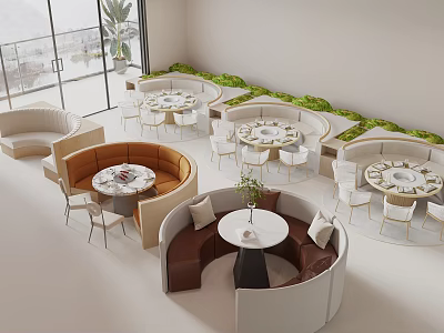 Various Colored Public Chairs Around Round Tables With Green Plants Large Windows Modern Open Space 3d model