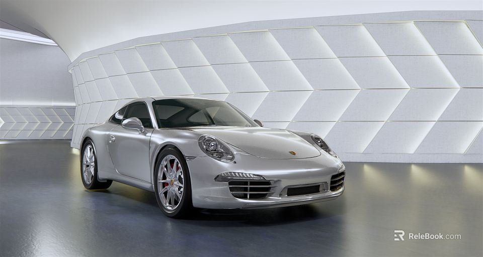 Silver Porsche Sports Car in Modern Indoor Setting with Geometric Patterned Wall and Sleek Design 3d model 
