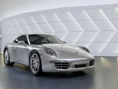 Silver Porsche Sports Car in Modern Indoor Setting with Geometric Patterned Wall and Sleek Design 3d model