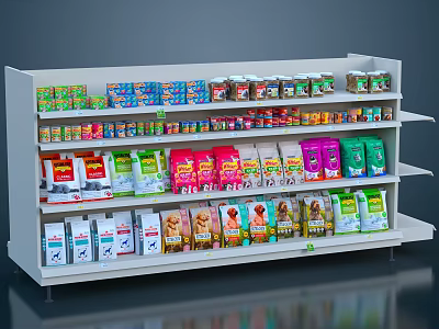 Well Organized Retail Display Shelf With Colorful Packaged Pet Food Products 3d model