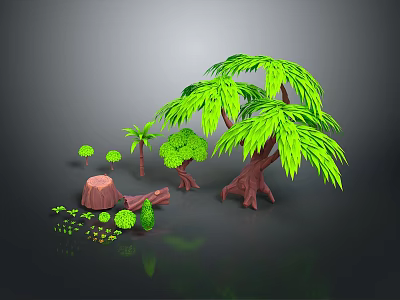 Cartoon Nature Scene With Lush Green Trees Tree Stump Small Bushes And Colorful Plants 3d model