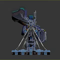 Futuristic Detailed Mechanical Weapon With Long Rod Blue Stands And Metallic Design