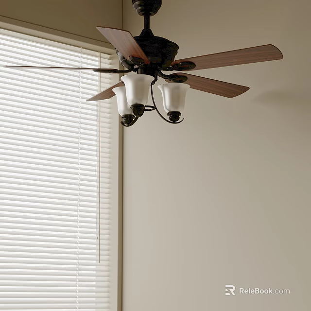 Cozy Room Interior With Beige Walls White Blinds And Wooden Ceiling Fan 3d model 